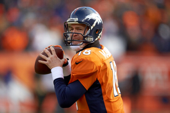 AFC Playoffs: Closeup of Denver Broncos QB Peyton Manning playing the Baltimore Ravens at Sports Authority Field at Mile High. Denver, CO 1/12/2013. Image Credit: Getty Images/Peter Read Miller