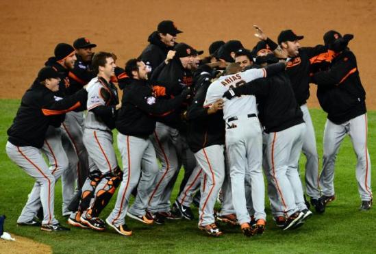 The San Francisco Giants celebrate their Game 4 win over the Detroit Tigers, concluding the 2012 World Series with a Giant victory (photo credit: Jonathan Daniel/Getty Images North America)