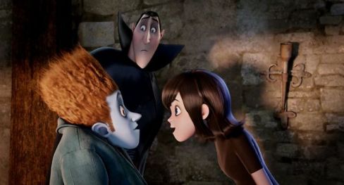 Jonathan (voice of Andy Samberg) falls for Mavis (voice of Selena Gomez), much to the dismay of Dracula (voice of Adam Sandler) (Image Credit: Sony Pictures Animation/SF)