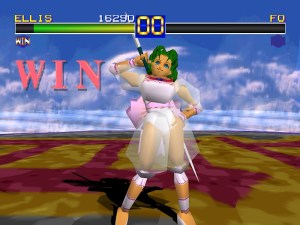 "I never give up!" Dirks-yielding dancer Ellis poses for a win in the original Battle Arena Toshinden game (screenshot credit: Game Art HQ [game-art-hq.com]).